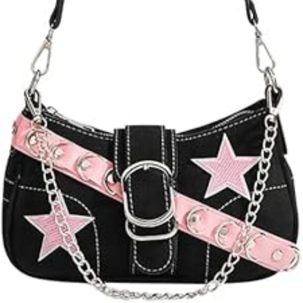 Y2k Purse Star Embroidery Pattern w Chain Strap Shoulder Bag Goth Punk Fashion